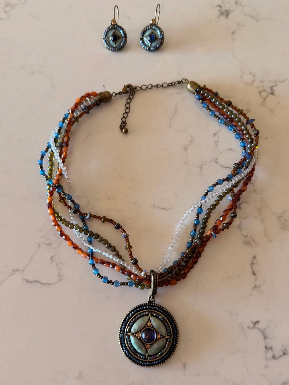Vintage Signed Avon SP Multi Strand Mosaic Pendant Necklace & Earrings Set
